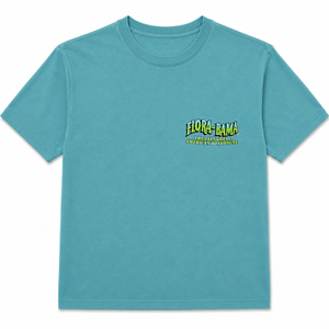 Teal t-shirt with green flora bama logo on front left chest