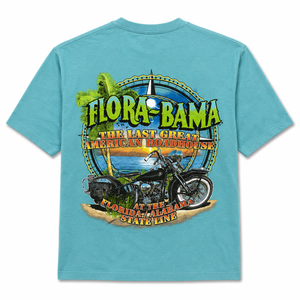 Teal t-shirt with 'Flora-Bama' graphic featuring a motorcycle and scenic design on the back.