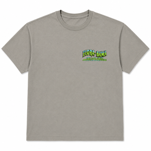 gray shirt with green florabama logo on the front left chest