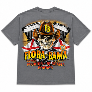 Gray t-shirt with a skull wearing a cowboy hat and crossed guns design, featuring 'Flora-Bama' branding.
