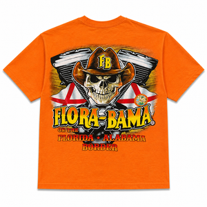 Orange t-shirt with a skull and crossed bananas graphic and 'Flora-Bama' text on a white background