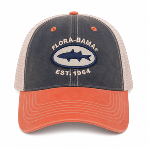 Flora-Bama hat with blue and orange design and mullet patch on the front