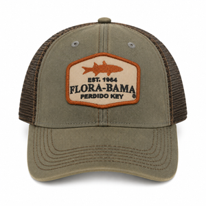 green hat with orange and tan patch with mullet and flora bama