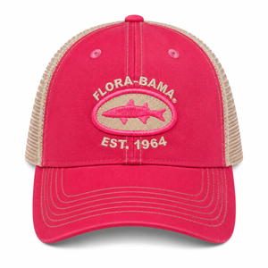 Pink and beige cap with 'Flora-Bama' text on front with pink mullet patch