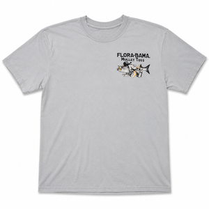 Gray t-shirt with 'Flora-Bama Mullet Toss' graphic on a white background