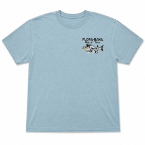 Light blue t-shirt with 'Flora-Bama' graphic on a white background