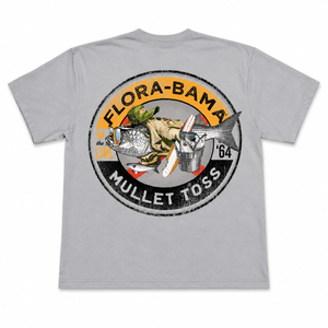 Gray t-shirt with 'Flora-Bama' mullet toss graphic 