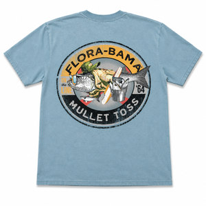 flora bama shirt with mullet in a circle logo