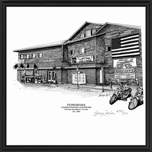 Black and white illustration of a building with an American flag and motorcycles in front, framed artwork.