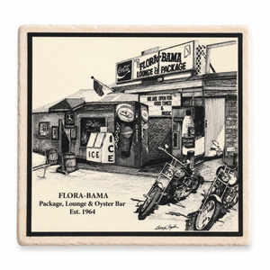 old sketch of flora bama building on a limestone coaster