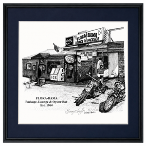 Illustration of Flora-Bama Package, Lounge & Oyster Bar with motorcycles in front.