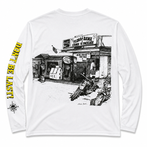 White long-sleeve shirt with black sketch of old flora bama building