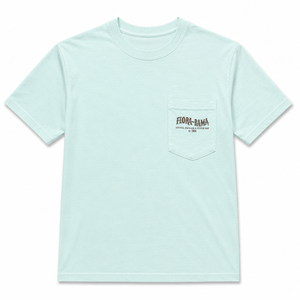 Light blue t-shirt with a pocket and 'Flora-Bama' logo on a white background