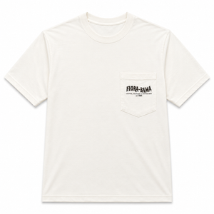 White t-shirt with black text on a white background