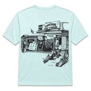 Light blue t-shirt with black graphic of a store and motorcycles on a white background