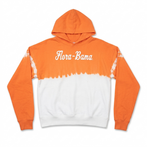 Orange and white hoodie with 'Flora-Bama' text on a white background