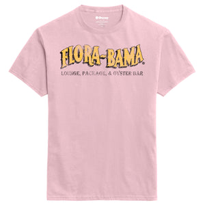 pink tshirt with florabama logo across the front