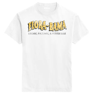 white tshirt with florabama logo across the front