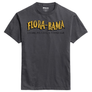 dark grey tshirt with florabama logo across the front