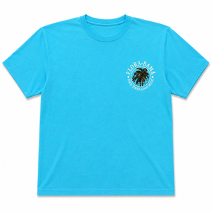 Blue t-shirt with a palm tree graphic on the left chest