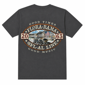 black t-shirt with 'Flora-Bama' graphic design on the back of building and motorcycles in oval shape