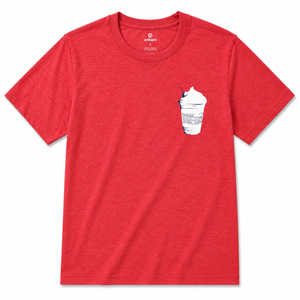 Red t-shirt with a graphic of a cup on the chest against a white background