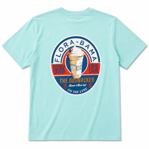 light blue shirt with oval design and bushwacker in the center