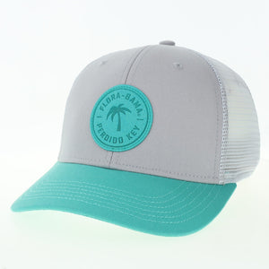 A gray and teal Flora-Bama baseball cap with a teal patch on front with palm tree