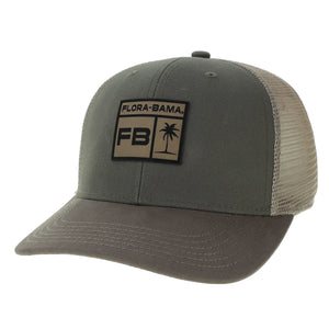 gray green hat with tan mesh backing, tan path on the front with flora bama text and palm tree in black