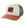 cream hat with orange bill and green mesh backing, leather patch on the front with dark brown flora bama text and palm tree