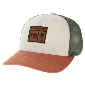 cream hat with orange bill and green mesh backing, leather patch on the front with dark brown flora bama text and palm tree