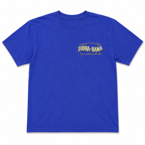 Blue t-shirt with 'Flora-Bama' logo on a white background