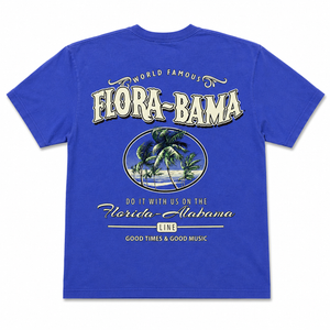 Blue t-shirt with 'Flora-Bama' graphic design featuring palm trees and beach scene.