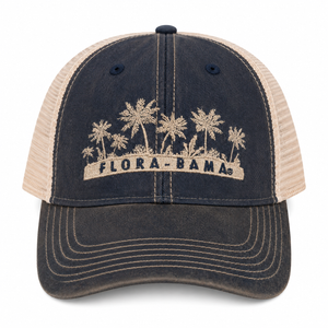 Black and beige cap with palm tree design and 'Flora-Bama' text 