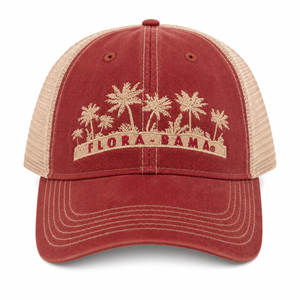 Red and beige cap with palm tree design and 'Flora-Bama'