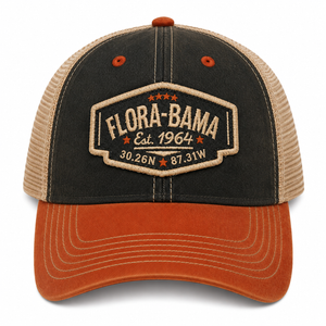 navy hat with orange bill and flora bama patch