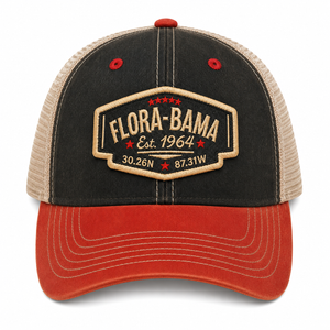 navy hat with red bill and patch on front with flora bama