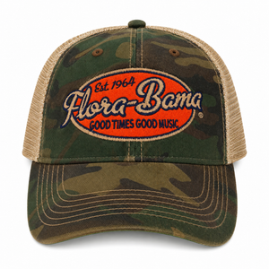 camo hat with orange patch and flora bama script