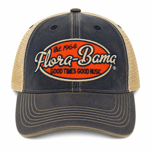 denim hat with orange patch and flora bama script