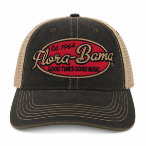 black hat with pink patch and flora bama script