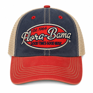 denim hat with red bill and red patch with flora bama script