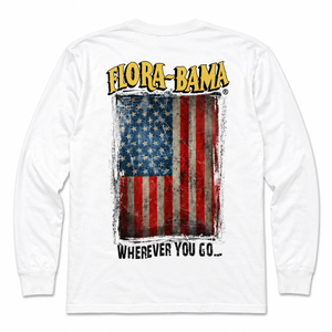 White long-sleeve shirt with 'Flora-Bama' and American flag design on a white background