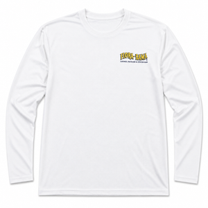White long-sleeve shirt with a logo on the chest against a white background