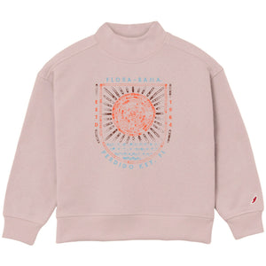 Pink sweatshirt with a circular design and text on a white background