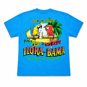 blue short sleeve tshirt with parrots drinking a bushwacker