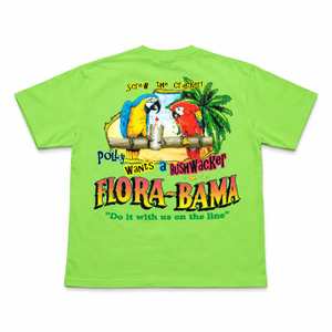 Lime green short sleeve tshrit with parrots drinking a bushwacker