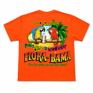 orange short sleeve tshirt with parrots drinking a bushwacker