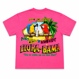 pink short sleeve tshirt with parrots drinking a bushwacker