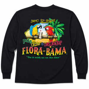 Black long-sleeve shirt with colorful parrot graphic and 'Flora-Bama' logo