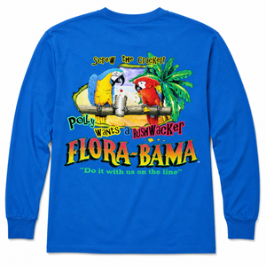 Blue long-sleeve shirt with colorful parrot design and flora bama logo
